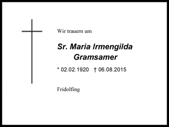 Traueranzeige von Maria Irmengilda Gramsamer von Region Berchtesgadener Land