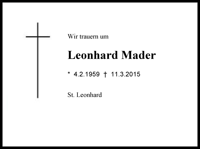  Traueranzeige für Leonhard Mader vom 12.03.2015 aus Region Chiemgau