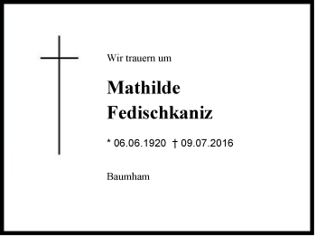 Traueranzeige von Mathilde Fedischkaniz  von Region Chiemgau
