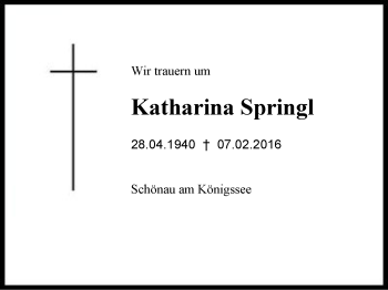 Traueranzeige von Katharina Springl von Region Berchtesgadener Land