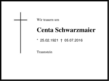 Traueranzeige von Centa Schwarzmaier von Region Chiemgau