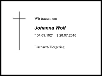Traueranzeige von Johanna Wolf von Region Chiemgau