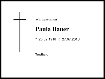 Traueranzeige von Paula Bauer von Region Chiemgau