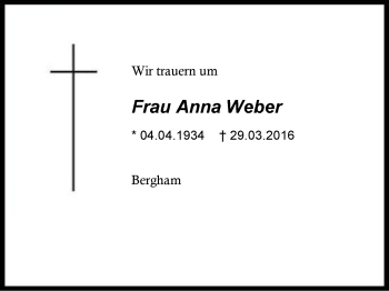 Traueranzeige von Anna Weber von Region Berchtesgadener Land