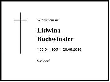 Traueranzeige von Lidwina Buchwinkler von Region Berchtesgadener Land