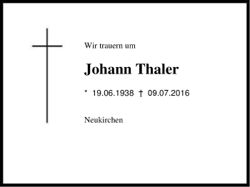 Traueranzeige von Johann Thaler von Region Berchtesgadener Land