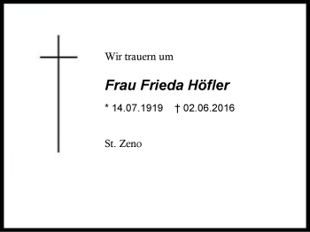 Traueranzeige von Frieda Höfler von Region Berchtesgadener Land