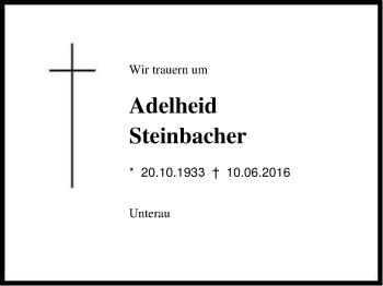 Traueranzeige von Adelheid Steinbacher von Region Berchtesgadener Land