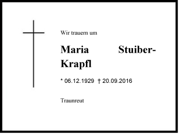 Traueranzeige von Maria Stuiber-Krapfl von Region Chiemgau