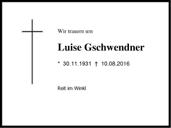 Traueranzeige von Luise Gschwendner von Region Chiemgau
