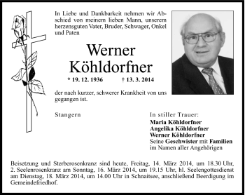 Traueranzeige von Werner Köhldorfner von Region Chiemgau
