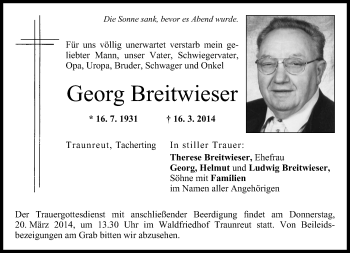 Traueranzeige von Georg Breitwieser von Region Chiemgau