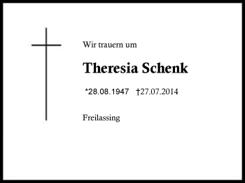 Traueranzeige von Theresia Schenk von Region Berchtesgadener Land