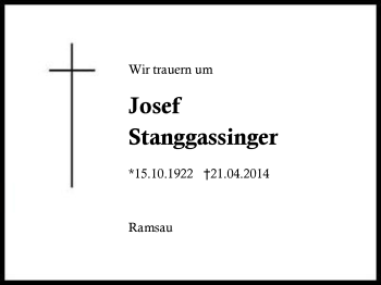 Traueranzeige von Josef Stanggassinger von Region Berchtesgadener Land