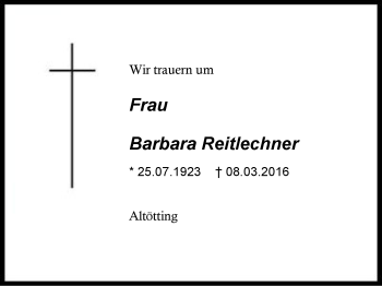 Traueranzeige von Barbara Reitlechner von Region Berchtesgadener Land