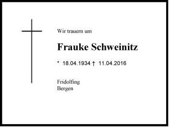 Traueranzeige von Frauke Schweinitz von Region Chiemgau