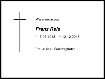 Traueranzeige von Franz Reis von Region Berchtesgadener Land