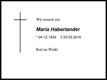 Traueranzeige von Maria Haberlander von Region Chiemgau