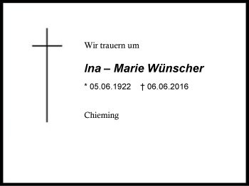 Traueranzeige von Ina Marie  Wünscher von Region Chiemgau