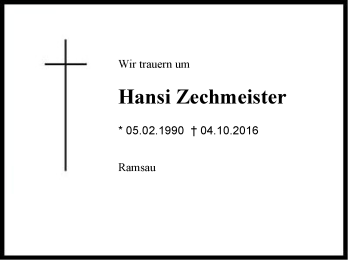 Traueranzeige von Hansi Zechmeister von Region Berchtesgadener Land