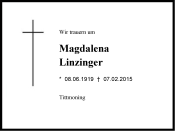 Traueranzeige von Magdalena Linzinger von Region Chiemgau