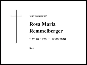 Traueranzeige von Rosa Maria Remmelberger von Region Chiemgau