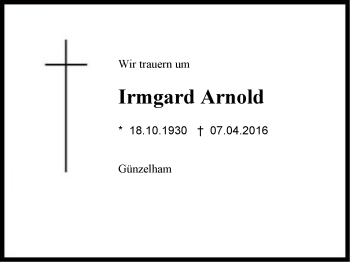 Traueranzeige von Irmgard Arnold von Region Chiemgau