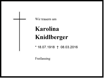 Traueranzeige von Karolina Knidlberger von Region Berchtesgadener Land
