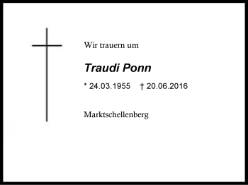 Traueranzeige von Traudi Ponn von Region Chiemgau