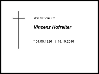 Traueranzeige von Vinzenz Hofreiter von Region Chiemgau