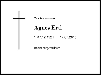 Traueranzeige von Agnes Ertl von Region Chiemgau