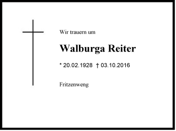 Traueranzeige von Walburga Reiter von Region Chiemgau