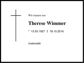 Traueranzeige von Therese Wimmer von Region Chiemgau