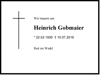 Traueranzeige von Heinrich  Gobmaier  von Region Chiemgau