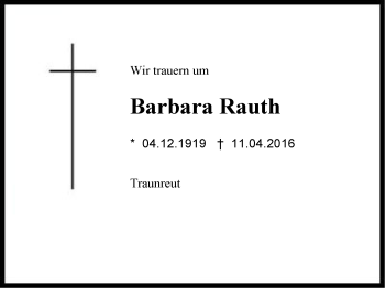 Traueranzeige von Barbara Rauth von Region Chiemgau