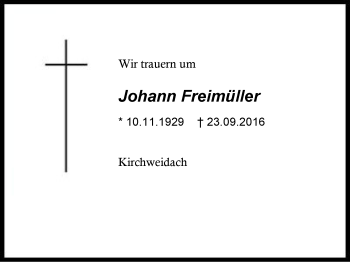 Traueranzeige von Johann Freimüller von Region Berchtesgadener Land
