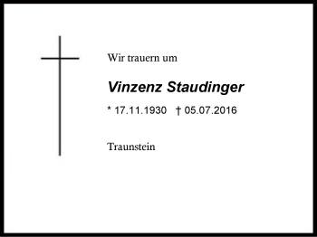 Traueranzeige von Vinzenz Staudinger von Region Chiemgau