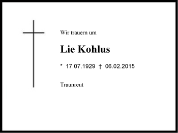 Traueranzeige von Lie Kohlus von Region Chiemgau