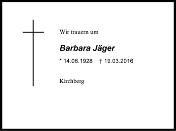 Traueranzeige von Barbara Jäger von Region Berchtesgadener Land