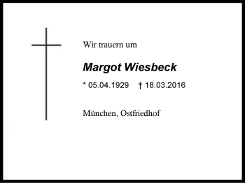 Traueranzeige von Margot Wiesbeck von Region Berchtesgadener Land