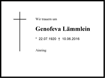 Traueranzeige von Genofeva Lämmlein von Region Berchtesgadener Land