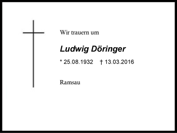 Traueranzeige von Ludwig Döringer von Region Berchtesgadener Land