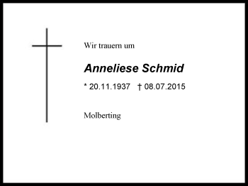 Traueranzeige von Anneliese Schmid von Region Chiemgau