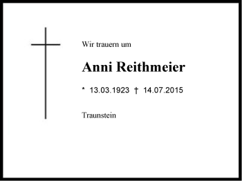 Traueranzeige von Anni Reithmeier von Region Chiemgau