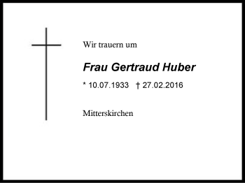 Traueranzeige von Gertraud Huber von Region Berchtesgadener Land