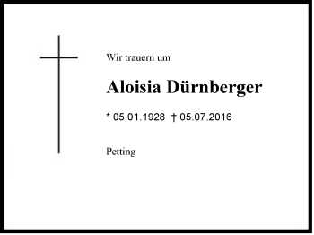 Traueranzeige von Aloisia Dürnberger von Region Chiemgau