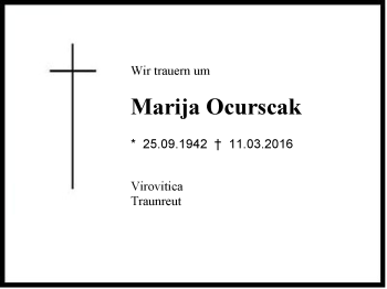 Traueranzeige von Marija  Ocurscak von Region Chiemgau