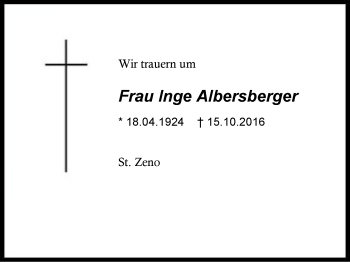 Traueranzeige von Inge Albersberger von Region Berchtesgadener Land