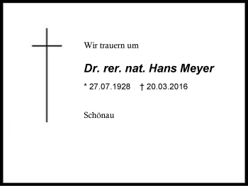 Traueranzeige von Hans Meyer von Region Chiemgau
