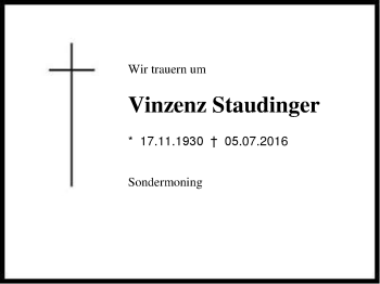 Traueranzeige von Vinzen Staudinger von Region Chiemgau